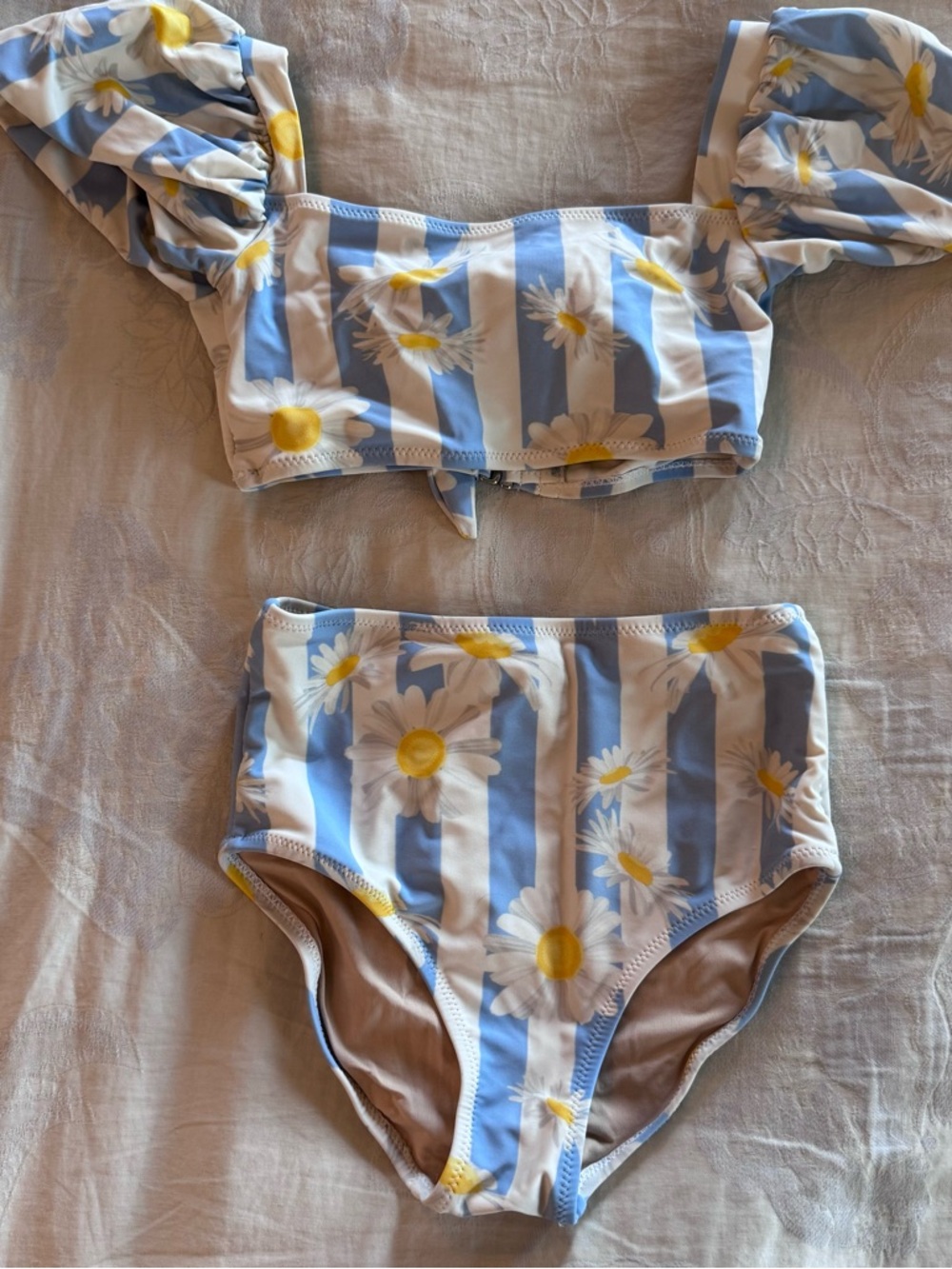 Girls' Shade Critters Blue & White Daisy Stripe High-Waist Bikini — Kids Swim